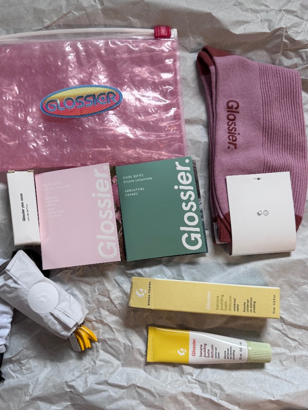 Glossier 8-Piece Set, Banana Pudding Balm, Banana Keychain, Socks, Fragrance